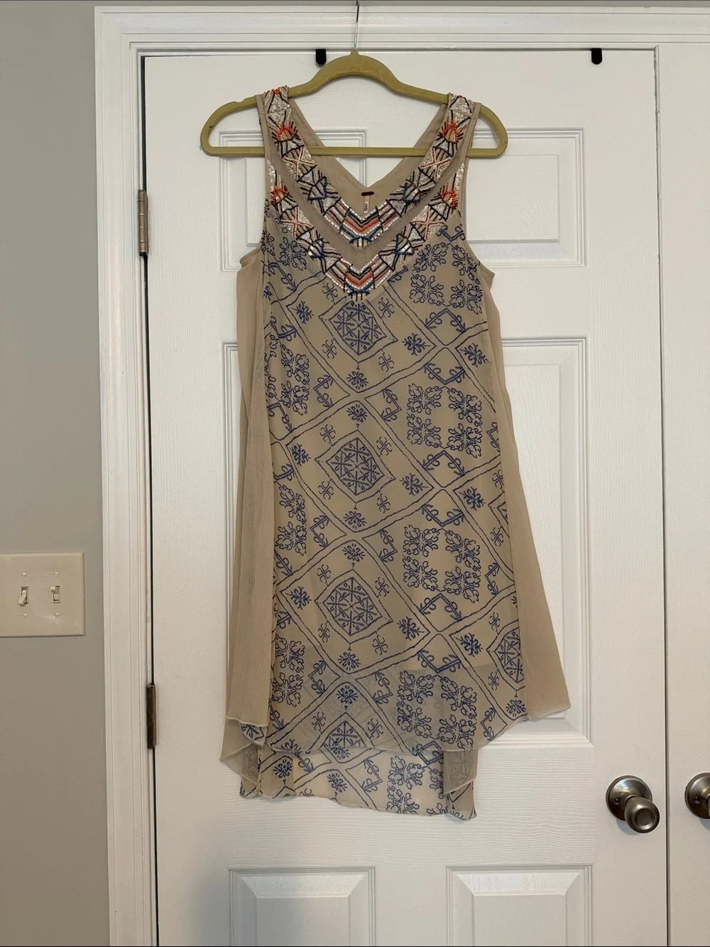 Free People Beige Sleeveless Geo-Print Dress with Embroidered Yoke